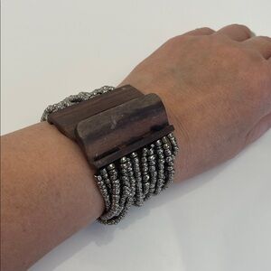 Wood and Silver Multi-Strand Beaded Cuff Bracelet